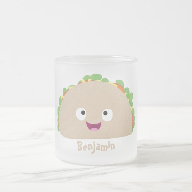 Cute happy smiling taco cartoon illustration frosted glass coffee mug (Center)