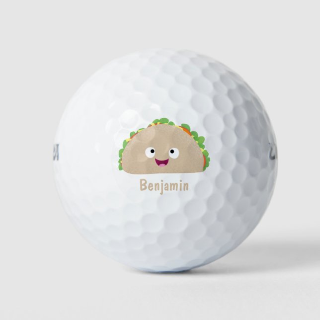 Cute happy smiling taco cartoon illustration golf balls (Front)