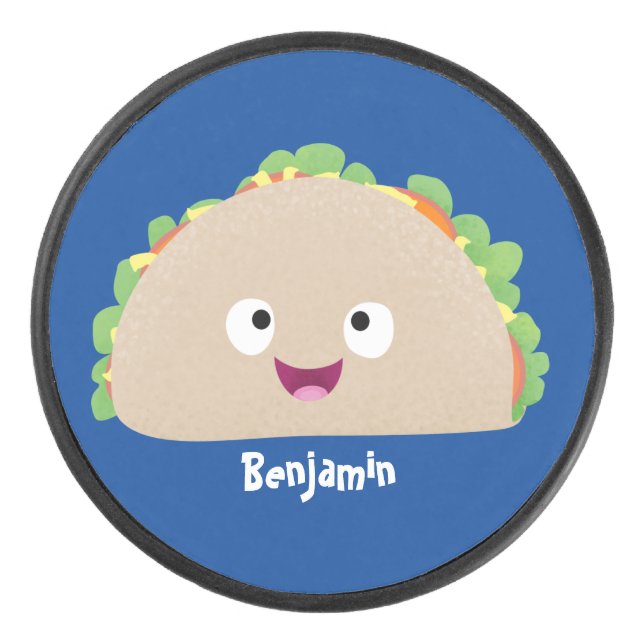 Cute happy smiling taco cartoon illustration hockey puck (Front)