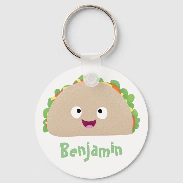 Cute happy smiling taco cartoon illustration key ring (Front)