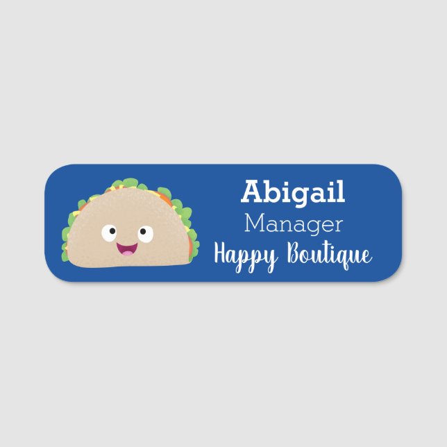 Cute happy smiling taco cartoon illustration name tag (Front)