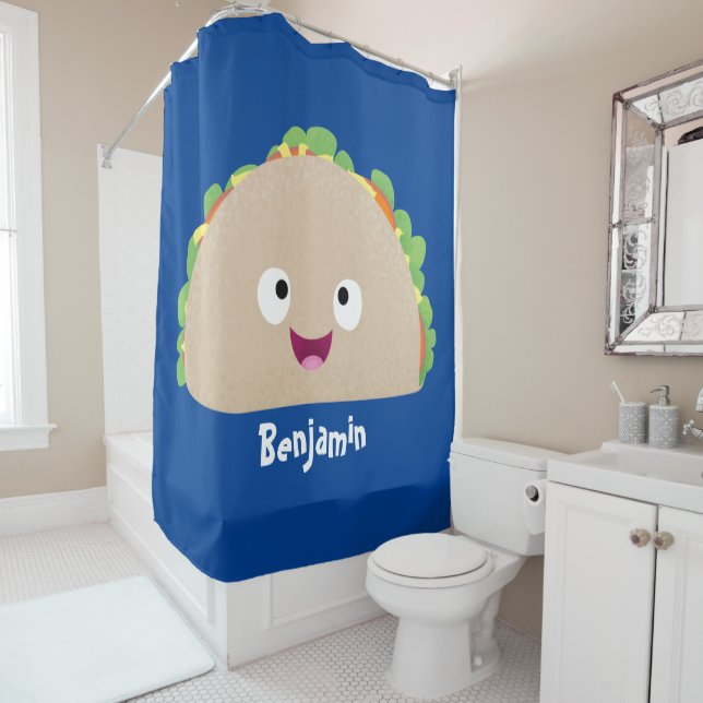 Cute happy smiling taco cartoon illustration shower curtain (In Situ)