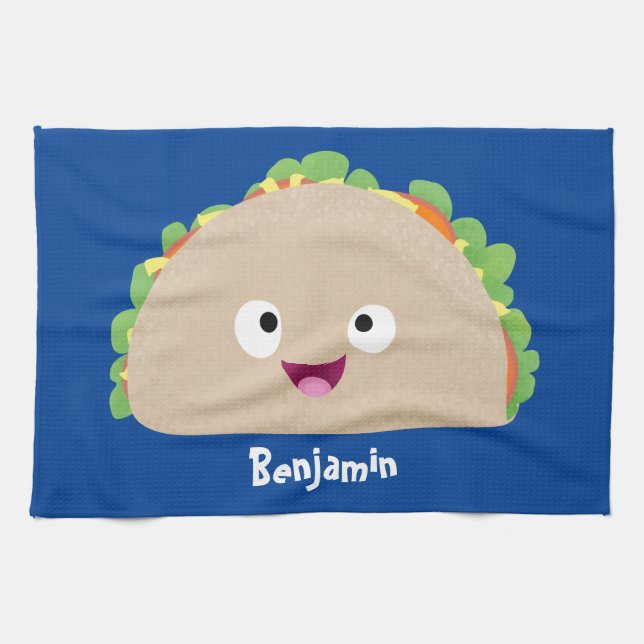 Cute happy smiling taco cartoon illustration tea towel (Horizontal)