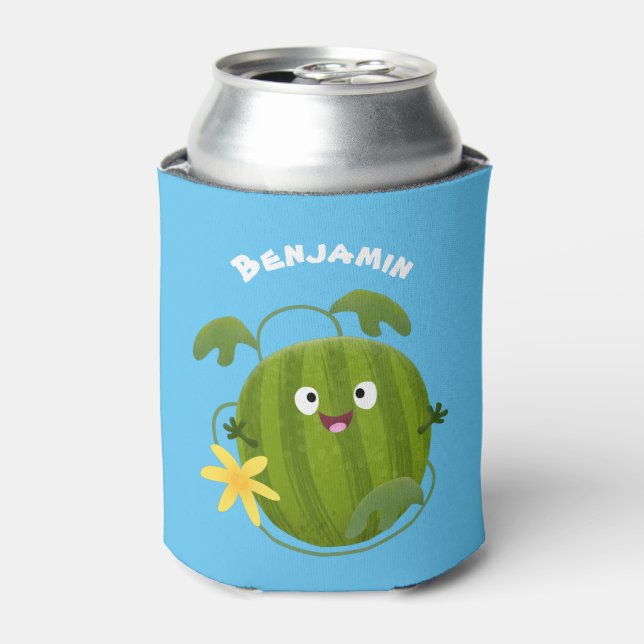 Cute happy smiling watermelon cartoon can cooler (Can Front)