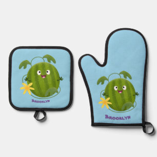 Cute happy smiling watermelon cartoon oven mitt & pot holder set