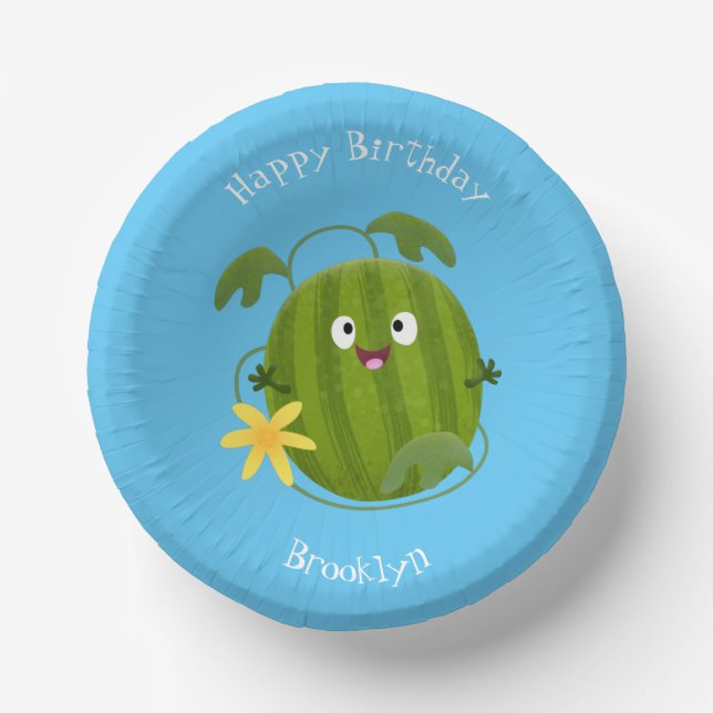 Cute happy smiling watermelon cartoon paper plate (Front)