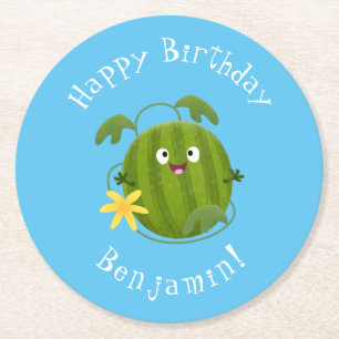 Cute happy smiling watermelon cartoon round paper coaster