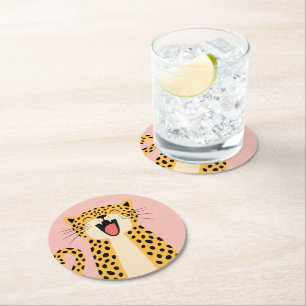 Cute Happy Smiling Wild Leopard Cartoon Round Paper Coaster