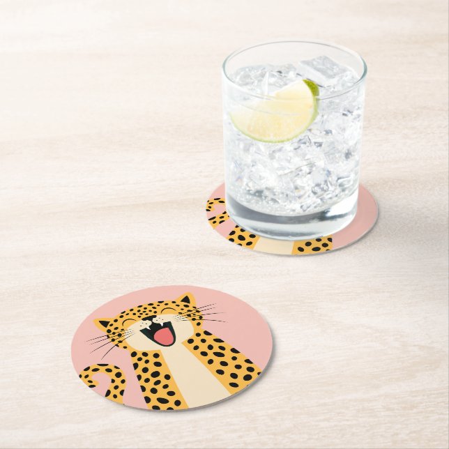 Cute Happy Smiling Wild Leopard Cartoon   Round Paper Coaster (Insitu)