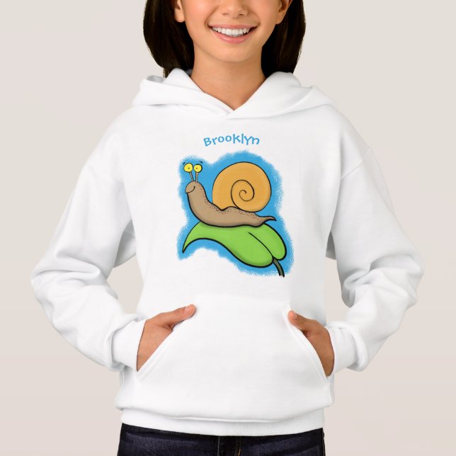 Cute, happy snail on a leaf cartoon illustration (Front)