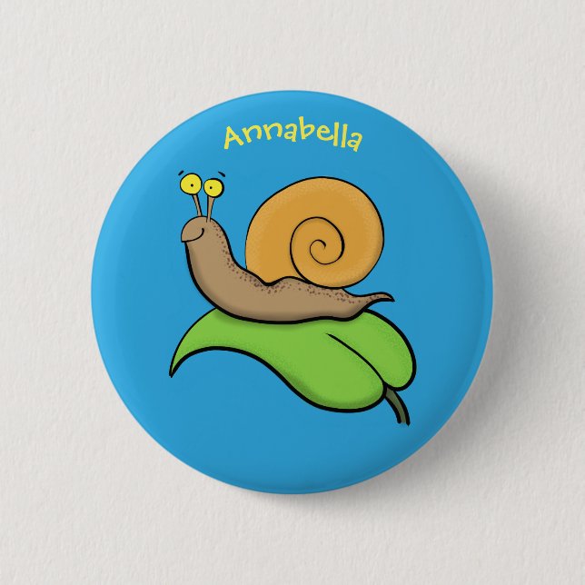 Cute, happy snail on a leaf cartoon illustration 6 cm round badge (Front)