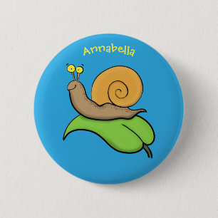 Cute, happy snail on a leaf cartoon illustration 6 cm round badge