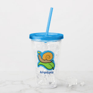 Cute, happy snail on a leaf cartoon illustration acrylic tumbler