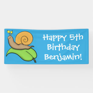 Cute, happy snail on a leaf cartoon illustration banner