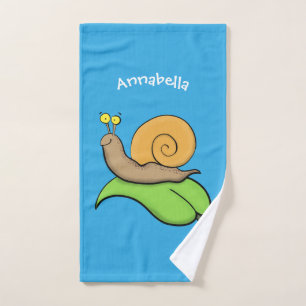 Cute, happy snail on a leaf cartoon illustration bath towel set
