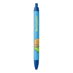 Cute, happy snail on a leaf cartoon illustration black ink pen