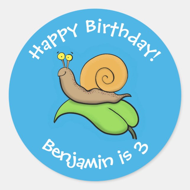 Cute, happy snail on a leaf cartoon illustration classic round sticker (Front)