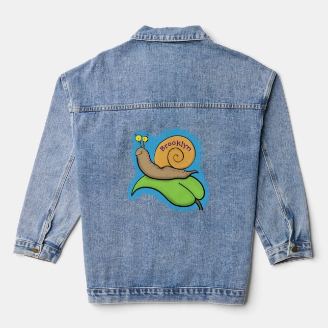 Cute, happy snail on a leaf cartoon illustration denim jacket (Back)