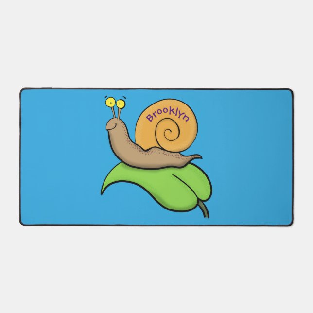 Cute, happy snail on a leaf cartoon illustration desk mat (Front)