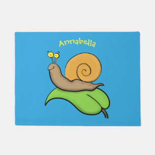 Cute, happy snail on a leaf cartoon illustration doormat
