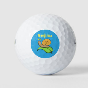 Cute, happy snail on a leaf cartoon illustration golf balls