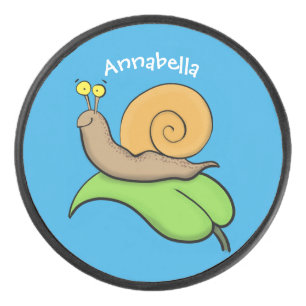 Cute, happy snail on a leaf cartoon illustration hockey puck