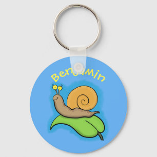 Cute, happy snail on a leaf cartoon illustration key ring