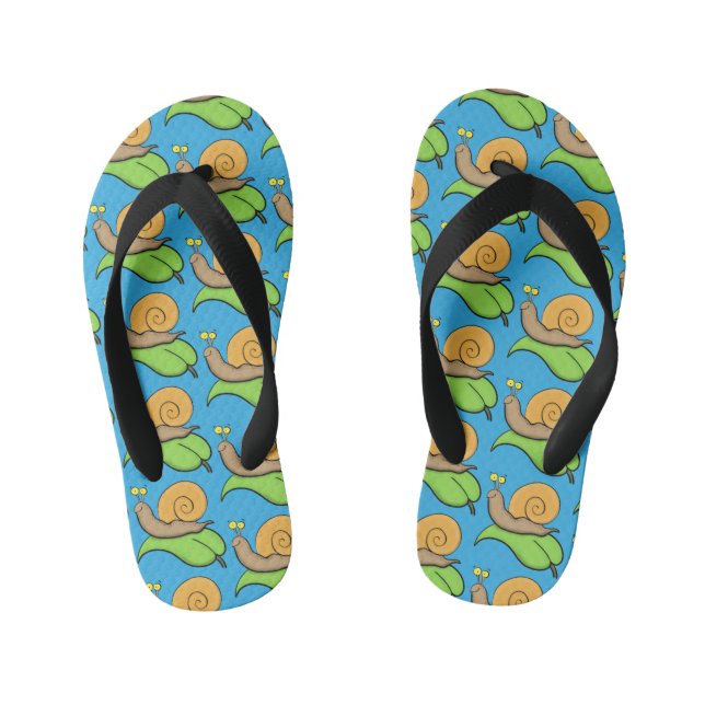 Cute, happy snail on a leaf cartoon illustration kid's flip flops (Footbed)