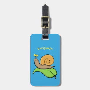 Cute, happy snail on a leaf cartoon illustration luggage tag