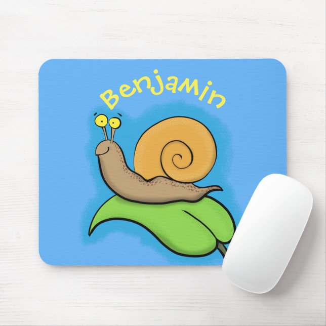 Cute, happy snail on a leaf cartoon illustration mouse mat (With Mouse)