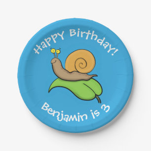 Cute, happy snail on a leaf cartoon illustration paper plate