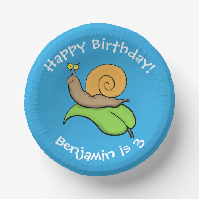 Cute, happy snail on a leaf cartoon illustration paper plate (Front)