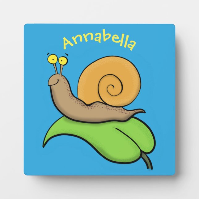 Cute, happy snail on a leaf cartoon illustration plaque (Front)