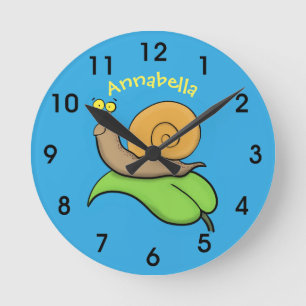 Cute, happy snail on a leaf cartoon illustration round clock