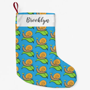 Cute, happy snail on a leaf cartoon illustration small christmas stocking