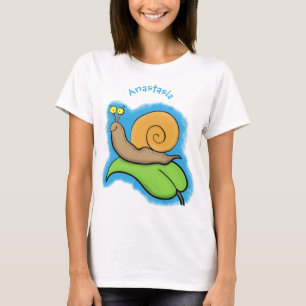 Cute, happy snail on a leaf cartoon illustration T-Shirt
