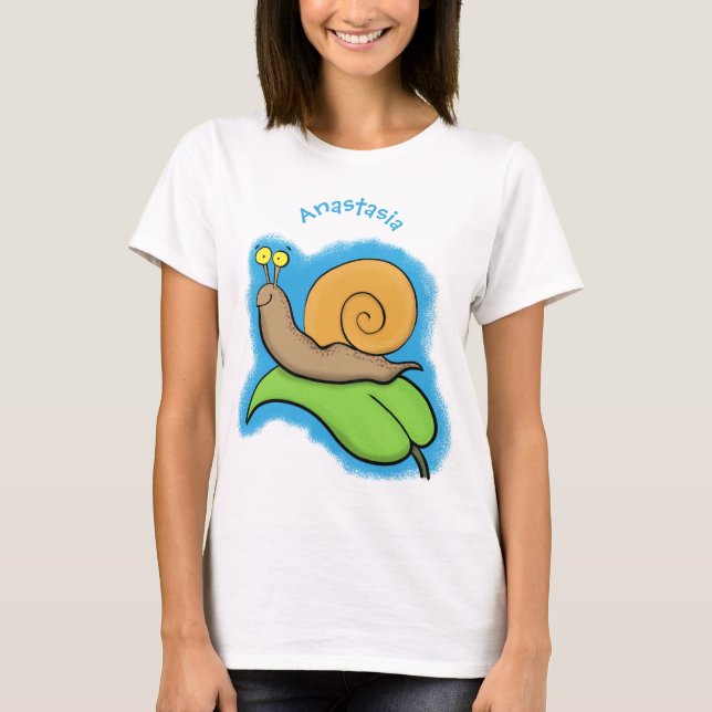 Cute, happy snail on a leaf cartoon illustration T-Shirt (Front)