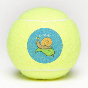 Cute, happy snail on a leaf cartoon illustration tennis balls