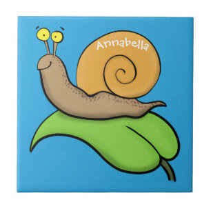 Cute, happy snail on a leaf cartoon illustration tile