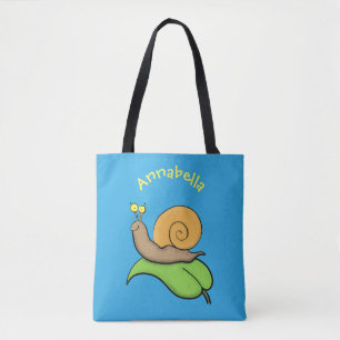 Cute, happy snail on a leaf cartoon illustration tote bag