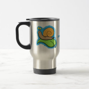 Cute, happy snail on a leaf cartoon illustration travel mug