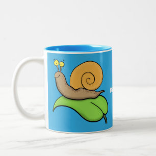 Cute, happy snail on a leaf cartoon illustration Two-Tone coffee mug