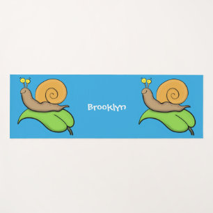 Cute, happy snail on a leaf cartoon illustration yoga mat