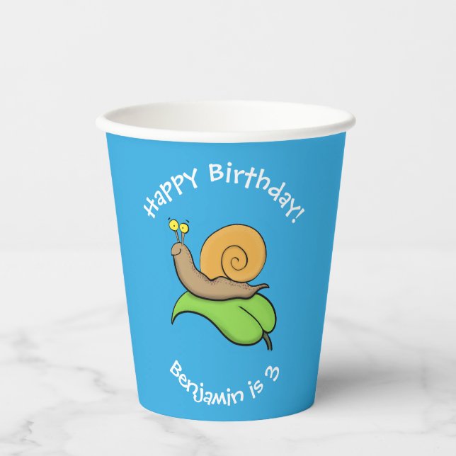 Cute, happy snail personalised cartoon birthday paper cups (Front)