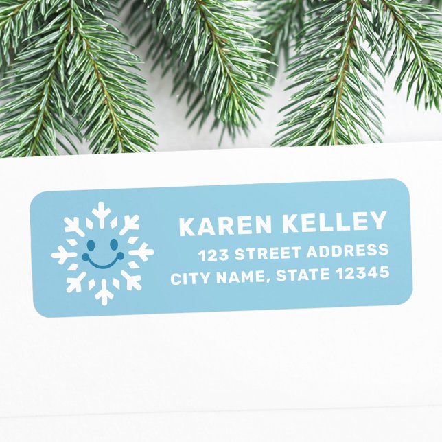 Cute happy snowflake blue winter return address (Cute happy snowflake blue winter return address label)