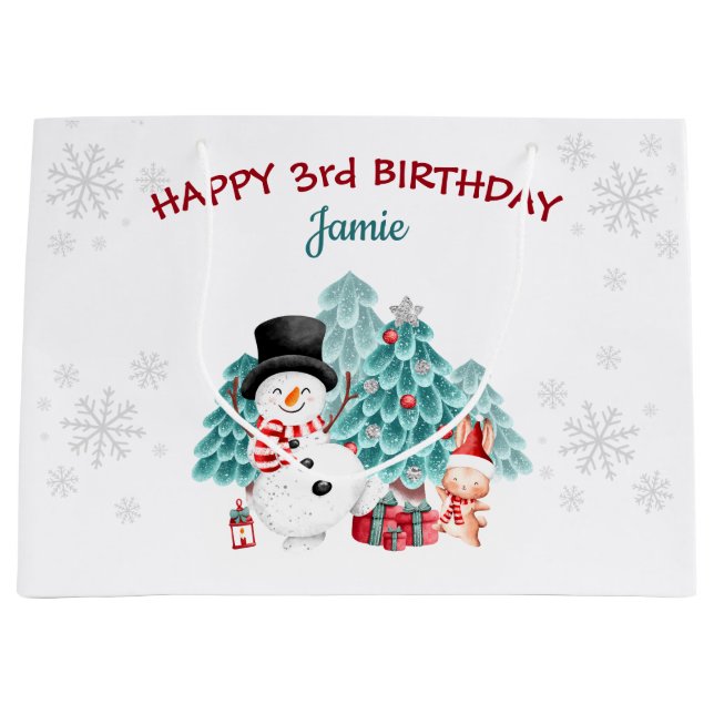 Cute Happy Snowman Christmas Birthday Large Gift Bag (Front)
