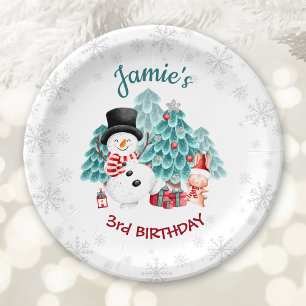 Cute Happy Snowman Christmas Birthday Party Paper Plate