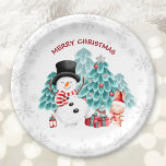 Cute Happy Snowman Christmas Party Paper Plates<br><div class="desc">Cute Christmas Party paper plates with cute happy snowman,  bunny and Christmas tree in snowy forest. You can easily personalise it. Matching items are available in my store.</div>