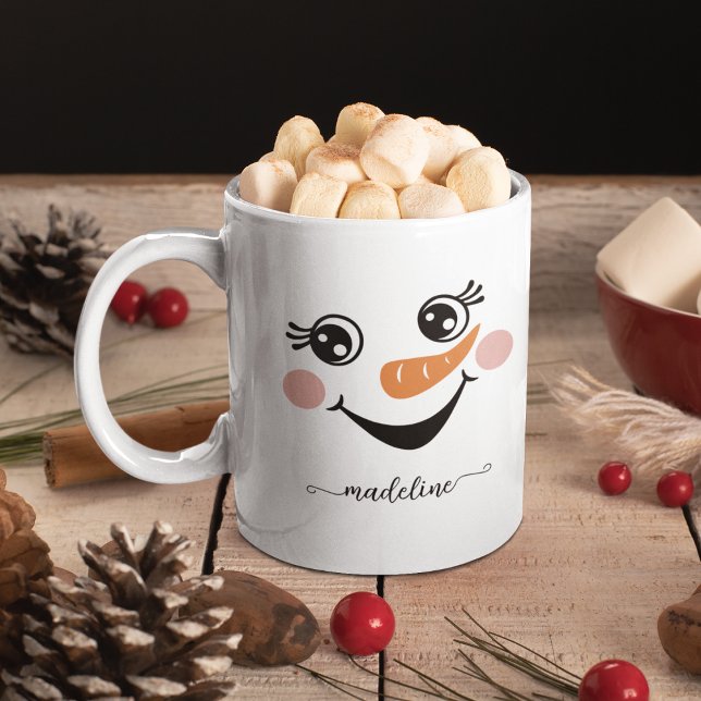 Cute Happy Snowman Face Name Script Calligraphy Two-Tone Coffee Mug (Creator Uploaded)