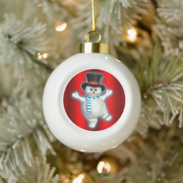 Cute Happy Snowman on Red Christmas Ceramic Ball Christmas Ornament (Tree)